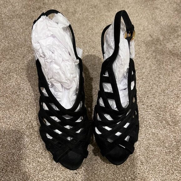 PRADA Cut Out Black Suede Open Toe Cage Heels Size 7.5 - Picture 2 of 6